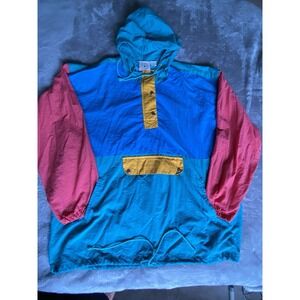 Vintage Sports Accent Hooded Pullover Jacket Nylon Windbreaker Large Rain s56